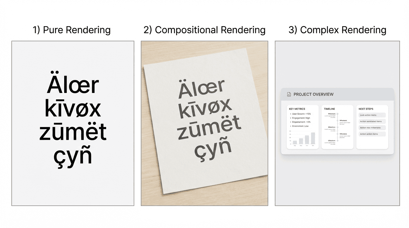Three panels showing synthetic text learning: isolated text, text in scenes, and text in structured layouts